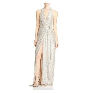 HALSTON Women’s Sequin Stretch Halter Surplice Neckline Gown, Size XL